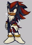 Size: 1450x2048 | Tagged: safe, artist:astrxchoi, shadow the hedgehog, 2025, chest fluff, cute, ear fluff, frown, grey background, leg fluff, looking offscreen, shoes off, signature, simple background, socks, solo, sparkles, star (symbol), tan skin
