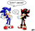 Size: 711x635 | Tagged: safe, artist:kaithephaux, artist:morgan-the-hedgehog, shadow the hedgehog, sonic the hedgehog, 2009, color edit, dialogue, duo, edit, english text, frown, lidded eyes, looking at viewer, looking offscreen, mouth open, open smile, pointing, signature, simple background, smile, speech bubble, standing, text, white background