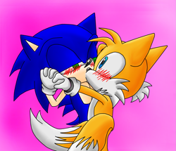 Size: 1367x1175 | Tagged: safe, artist:morgan-the-hedgehog, miles "tails" prower, sonic the hedgehog, 2009, blushing, duo, gay, gradient background, holding hands, kiss, lidded eyes, looking at each other, shipping, sonic x tails