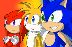 Size: 1960x1268 | Tagged: safe, artist:morgan-the-hedgehog, knuckles the echidna, miles "tails" prower, sonic the hedgehog, sonic heroes, 2010, arms folded, cel shaded, clenched teeth, frown, gradient background, looking offscreen, mouth open, signature, smile, standing, team sonic, trio
