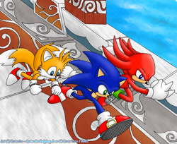 Size: 1024x836 | Tagged: safe, artist:sonicolas, knuckles the echidna, miles "tails" prower, sonic the hedgehog, sonic heroes, 2003, abstract background, daytime, looking ahead, looking offscreen, no mouth, outdoors, running, seaside hill, spinning tails, team sonic, trio, water