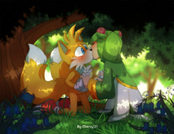Size: 1280x985 | Tagged: safe, artist:cheroy, cosmo the seedrian, miles "tails" prower, 2021, abstract background, blushing, daytime, duo, forest, grass, holding hands, kiss, kneeling, outdoors, shipping, straight, surprise kiss, surprised, tailsmo, tree