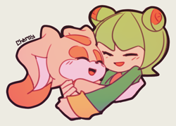 Size: 600x430 | Tagged: safe, artist:cheroy, cosmo the seedrian, cream the rabbit, 2019, blushing, cosmobetes, creamabetes, cute, duo, eyes closed, hugging, mouth open, open smile, outline, signature, simple background, smile, sonic x, white background