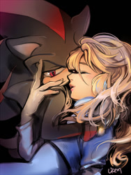 Size: 480x639 | Tagged: safe, artist:lujji, maria robotnik, shadow the hedgehog, human, 2013, black background, duo, eyes closed, holding them, imminent death, lidded eyes, looking at viewer, mouth open, signature, simple background