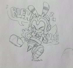 Size: 2048x1897 | Tagged: safe, artist:joltedfox06, charmy bee, 2025, bleh, exclamation mark, eyes closed, flapping wings, flying, line art, mid-air, monochrome, smile, solo, speech bubble, text, tongue out, traditional media