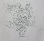 Size: 2048x1897 | Tagged: safe, artist:joltedfox06, charmy bee, 2025, bleh, exclamation mark, eyes closed, flapping wings, flying, line art, mid-air, monochrome, smile, solo, speech bubble, text, tongue out, traditional media