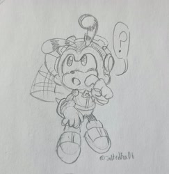 Size: 1989x2048 | Tagged: safe, artist:joltedfox06, charmy bee, 2025, flapping wings, flying, line art, looking offscreen, looking up, mid-air, monochrome, mouth open, question mark, solo, traditional media