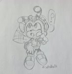 Size: 1989x2048 | Tagged: safe, artist:joltedfox06, charmy bee, 2025, flapping wings, flying, line art, looking offscreen, looking up, mid-air, monochrome, mouth open, question mark, solo, traditional media