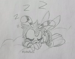 Size: 2048x1594 | Tagged: safe, artist:joltedfox06, charmy bee, 2025, clouds, eyes closed, line art, lying down, lying on front, missing accessory, monochrome, signature, sleeping, solo, traditional media, zzz