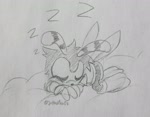 Size: 2048x1594 | Tagged: safe, artist:joltedfox06, charmy bee, 2025, clouds, eyes closed, line art, lying down, lying on front, missing accessory, monochrome, signature, sleeping, solo, traditional media, zzz