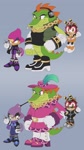 Size: 1142x2048 | Tagged: safe, artist:itoruna-the-platypus, charmy bee, espio the chameleon, vector the crocodile, 2024, cigarette, cigarette holder, duality, flat colors, gender swap, ninja star, purple background, simple background, smoking, team chaotix, trio
