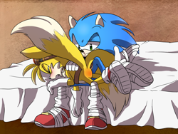 Size: 1600x1200 | Tagged: safe, artist:starampharos, miles "tails" prower, sonic the hedgehog, 2015, abstract background, bed, blushing, blushing butt, duo, eyes closed, holding them, indoors, lidded eyes, sitting, sonic boom (tv), spank mark, spanking