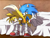 Size: 1600x1200 | Tagged: safe, artist:starampharos, miles "tails" prower, sonic the hedgehog, 2015, abstract background, bed, blushing, blushing butt, duo, eyes closed, holding them, indoors, lidded eyes, sitting, sonic boom (tv), spank mark, spanking