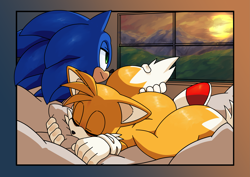 Size: 4093x2894 | Tagged: safe, artist:starampharos, miles "tails" prower, sonic the hedgehog, 2020, abstract background, absurd res, bed, border, duo, eyes closed, grass, holding something, holding tail, indoors, lidded eyes, looking offscreen, lying down, lying on front, sitting, sleeping, smile, sun, sunset, window