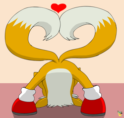 Size: 1050x1000 | Tagged: safe, artist:pichu90, miles "tails" prower, abstract background, ass up, bending over, butt, from behind, heart, heart tail, signature, solo