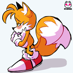 Size: 1049x1042 | Tagged: safe, artist:nyaroma, miles "tails" prower, 2025, blushing, chest fluff, clenched fists, ear fluff, frown, lidded eyes, looking away, shadow (lighting), shy, side view, signature, simple background, solo, standing, sweatdrop, white background