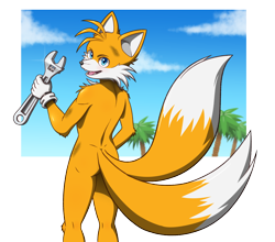 Size: 1640x1440 | Tagged: safe, artist:moonlittear, miles "tails" prower, 2025, abstract background, absurd res, aged up, arm fluff, chest fluff, clouds, ear fluff, fangs, holding something, looking at viewer, looking back, looking back at viewer, mouth open, older, open smile, palm tree, smile, smiling at viewer, solo, stain, standing, wrench