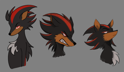 Size: 1116x650 | Tagged: safe, artist:losttimpactt, shadow the hedgehog, 2022, bust, cheek fluff, chest fluff, clenched teeth, dark skin, flat colors, floppy ears, frown, grey background, looking at viewer, looking offscreen, simple background, solo