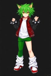 Size: 512x768 | Tagged: safe, ai art, human, asymmetrical clothes, asymmetrical legwear, green hair, humanized, jacket, leg warmers, male, manic the hedgehog, official style, shirt, shoes, shorts, single leg pantyhose, yellow eyes