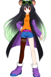 Size: 512x768 | Tagged: safe, ai art, oc, oc:thunder dark the hedgemouse, human, asymmetrical clothes, asymmetrical legwear, belt, black hair, boots, female, glasses, glasses on head, humanized, jacket, red eyes, shirt, shorts, single leg pantyhose