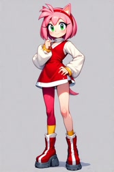 Size: 512x768 | Tagged: safe, ai art, amy rose, human, asymmetrical clothes, asymmetrical legwear, boots, dress, female, green eyes, humanized, long sleeves, official style, pink hair, single leg pantyhose, socks