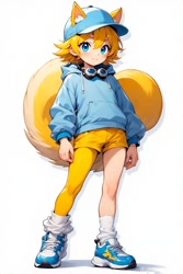 Size: 512x768 | Tagged: safe, ai art, ray the flying squirrel, human, asymmetrical clothes, asymmetrical legwear, baseball cap, blue eyes, goggles, goggles around neck, hoodie, humanized, loose socks, male, shorts, single leg pantyhose, sneakers, yellow hair