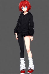 Size: 512x768 | Tagged: safe, ai art, mighty the armadillo, human, asymmetrical clothes, asymmetrical legwear, blue eyes, hoodie, humanized, loose socks, male, red hair, shorts, single leg pantyhose, sneakers