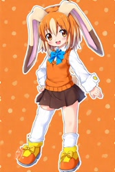 Size: 512x768 | Tagged: safe, ai art, cream the rabbit, human, asymmetrical clothes, asymmetrical legwear, brown eyes, cream hair, female, humanized, official style, orange hair, shirt, shoes, single sock, single thighhigh, skirt, vest