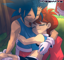 Size: 1170x1101 | Tagged: safe, artist:risziarts, sally acorn, sonic the hedgehog, human, duo, eyebrow clipping through hair, eyes closed, holding each other, humanized, sally x sonic, shipping, sleeping, straight
