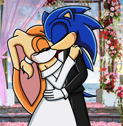 Size: 568x583 | Tagged: safe, artist:soneamlover, cream the rabbit, sonic the hedgehog, 2019, aged up, alternate universe, cream x sonic, duo, eyes closed, holding each other, kiss, older, photographic background, shipping, standing, straight, wedding, wedding dress, wedding suit
