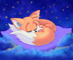 Size: 1280x1060 | Tagged: safe, artist:montyth, miles "tails" prower, fox, 2025, abstract background, clouds, curled up, cute, dreaming, eyes closed, male, nighttime, pillow, sleeping, solo, star (sky), tailabetes