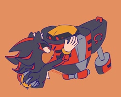 Size: 1200x960 | Tagged: safe, artist:deimostes, e-123 omega, shadow the hedgehog, 2024, duo, flat colors, gay, holding each other, looking at each other, omegadow, orange background, robot, shipping, signature, simple background, top surgery scars, trans male, transgender