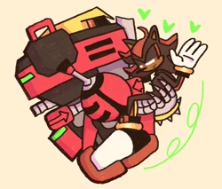 Size: 2048x1742 | Tagged: safe, artist:b1l3cr0c0d1l3, e-123 omega, shadow the hedgehog, 2024, beige background, carrying them, cute, duo, gay, heart, lifting them, omegadow, robot, shadowbetes, shipping, simple background, smile