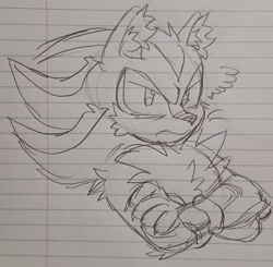 Size: 2048x2007 | Tagged: safe, artist:spencerpinkman, shadow the hedgehog, 2025, annoyed, arm fluff, arms folded, bust, cheek fluff, chest fluff, ear fluff, frown, lidded eyes, line art, lined paper, looking at viewer, monochrome, pencilwork, shoulder fluff, sketch, solo, traditional media