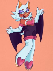 Size: 1536x2048 | Tagged: safe, artist:spencerpinkman, rouge the bat, 2025, beanbrows, claws, ear fluff, fangs, lidded eyes, looking offscreen, shoulder fluff, simple background, smile, solo, tan background