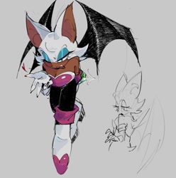 Size: 1268x1280 | Tagged: safe, artist:thetheesauce, rouge the bat, 2025, chaos emerald, dark skin, grey background, hands behind back, heart, lidded eyes, looking offscreen, simple background, smile, solo, wink