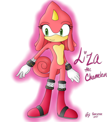 Size: 1700x1935 | Tagged: safe, artist:amesrose257, 2017, chameleon, character name, heart, liza the chameleon, looking offscreen, outline, signature, simple background, smile, solo, standing, transparent background