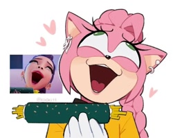 Size: 720x573 | Tagged: safe, artist:kiioki11, amy rose, crossover, faic, food, heart, holding something, k-pop demon hunters, mouth open, redraw, reference inset, rumi (k-pop demon hunters), simple background, solo, white background
