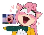 Size: 720x573 | Tagged: safe, artist:kiioki11, amy rose, crossover, faic, food, heart, holding something, k-pop demon hunters, mouth open, redraw, reference inset, simple background, solo, white background, yumi (k-pop demon hunters)