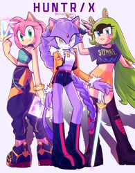 Size: 1600x2048 | Tagged: safe, artist:shad_luu, amy rose, blaze the cat, surge the tenrec, clothes, crossover, huntr/x, k-pop demon hunters, looking at viewer, midriff, mira (k-pop demon hunters), rumi (k-pop demon hunters), simple background, smile, sword, trio, white background, zoey (k-pop demon hunters)