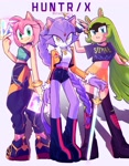 Size: 1600x2048 | Tagged: safe, artist:shad_luu, amy rose, blaze the cat, surge the tenrec, clothes, crossover, huntr/x, k-pop demon hunters, looking at viewer, midriff, mira (k-pop demon hunters), simple background, smile, sword, trio, white background, yumi (k-pop demon hunters), zoey (k-pop demon hunters)