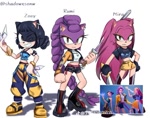Size: 735x578 | Tagged: source needed, safe, artist:shadowxsonw, hedgehog, barely sonic related, character name, crossover, frown, huntr/x, k-pop demon hunters, looking at viewer, mira (k-pop demon hunters), mobianified, redraw, reference inset, signature, simple background, smile, standing, sword, trio, white background, wink, yumi (k-pop demon hunters), zoey (k-pop demon hunters)