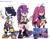 Size: 735x578 | Tagged: source needed, safe, artist:shadowxsonw, hedgehog, barely sonic related, character name, crossover, frown, huntr/x, k-pop demon hunters, looking at viewer, mira (k-pop demon hunters), mobianified, redraw, reference inset, rumi (k-pop demon hunters), signature, simple background, smile, standing, sword, trio, white background, wink, zoey (k-pop demon hunters)