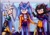 Size: 736x522 | Tagged: artist needed, source needed, safe, shadow the hedgehog, silver the hedgehog, sonic the hedgehog, abstract background, baseball bat, character name, clothes, crossover, huntr/x, k-pop demon hunters, looking at viewer, mira (k-pop demon hunters), ninja star, rumi (k-pop demon hunters), smile, sword, trio, weapon, zoey (k-pop demon hunters)