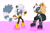 Size: 1551x1018 | Tagged: safe, artist:mallum153, tangle the lemur, whisper the wolf, lemur, wolf, boots, cloak, diamond cutters outfit, fetish, flat colors, gloves, kneepads, struggle, stuck, whisper's mask, white background
