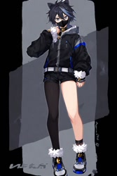 Size: 512x768 | Tagged: safe, ai art, mephiles the dark, human, asymmetrical clothes, asymmetrical legwear, black hair, humanized, jacket, male, mask, official style, shoes, shorts, single leg pantyhose, single sock, turquoise eyes, turquoise hair