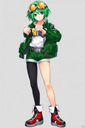 Size: 512x768 | Tagged: safe, ai art, jet the hawk, human, asymmetrical clothes, asymmetrical legwear, blue eyes, boots, goggles, goggles on head, green hair, humanized, jacket, male, official style, shirt, shorts, single leg pantyhose