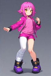 Size: 512x768 | Tagged: safe, ai art, espio the chameleon, human, asymmetrical clothes, asymmetrical legwear, bandage on leg, humanized, jacket, male, official style, purple hair, shirt, shoes, shorts, single leg pantyhose, yellow eyes