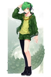 Size: 512x768 | Tagged: safe, ai art, vector the crocodile, human, asymmetrical clothes, asymmetrical legwear, boots, green hair, headphones, humanized, jacket, male, official style, orange eyes, shirt, shorts, single leg pantyhose