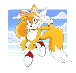 Size: 3187x3070 | Tagged: safe, artist:sonicdrivex, miles "tails" prower, 2025, abstract background, clouds, mid-air, smile, smiling at viewer, solo, v sign